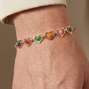 Womens Heart Link Bracelet OS Premium Gold Planted Multicolor Enamel Y2K Kidcore